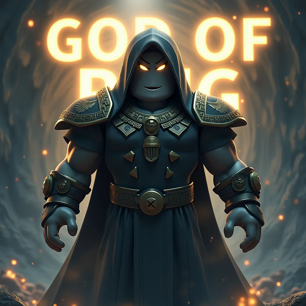 chronos greek god as a roblox character (add text saying “God of RNG” in the background)