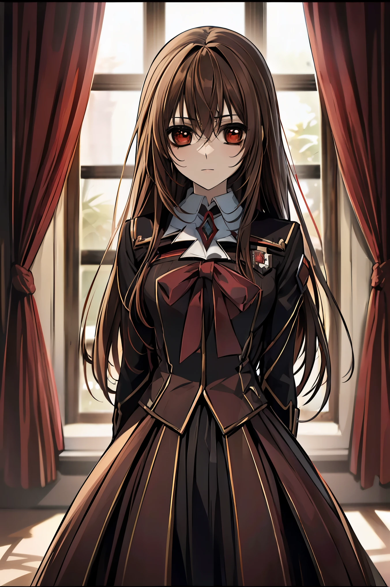 (absurdres, highres, ultra detailed, HDR), masterpiece, best quality, Yuki Cross, 1woman, solo, beautiful, (long brown hair), vibrant red eyes, finely eye and detailed face, window, red curtains, black uniform, vampire knight, (arms behind back), 