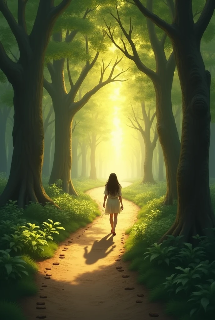 Create an image representing the concept of perseverance. The scene features a serene pathway winding through a dense, green forest. The pathway is lined with tall, ancient trees that arch over, creating a natural tunnel. Along the path, small milestones or markers appear at regular intervals, symbolizing progress and continuous effort. The lighting is warm and golden, as the sun filters through the leaves, casting long shadows. A person is walking steadily along the path, their figure slightly blurred to emphasize motion, with their expression intentionally left vague and indistinct. In the distance, the path continues toward a bright, open horizon, suggesting endless possibilities and the promise of achievement.