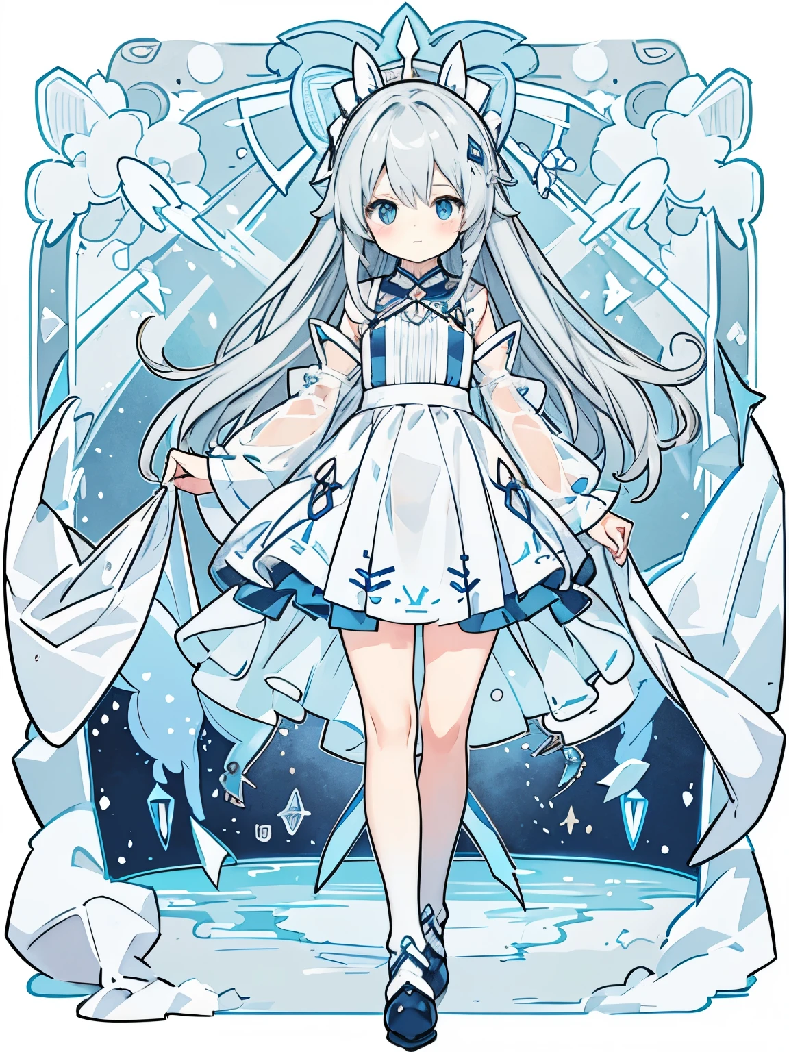 One person　小さいBody長　低Body長　Baby Face　cute　Light gray hair　Long Hair　Blue colored eyes　Magical girl　witch　Body　全Body　shoes　Sheer clothing　Embarrassed　A little smile　　Clothes with holes in various places　Transparent hair　Transparent long skirt　high quality