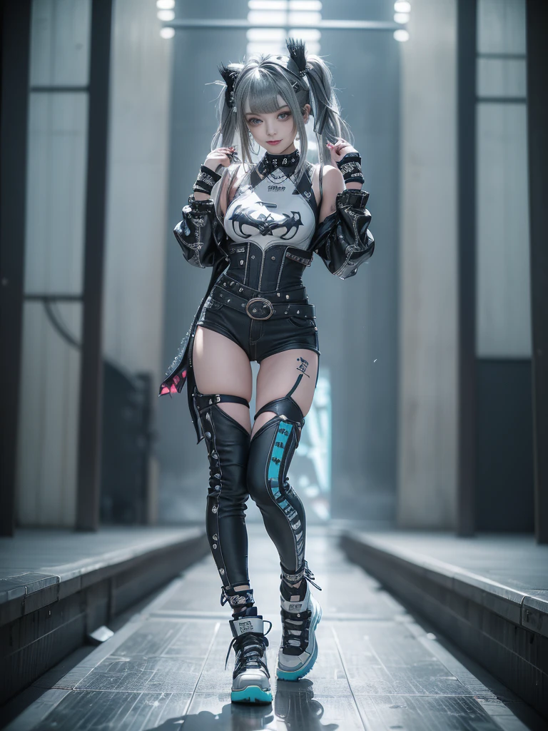 (Full Body View:1.2)、(Side view:1.1)、(Smiling with teeth showing:1.3),(Shibuya Gal:1.5)、(Gothic style fashion:1.5)、(Punk rock visual kei:1.5)、(Wearing a rhythmic gymnastics bodysuit with intricate details:1.4)、(Complex white racing suit and pants, Denim and turquoise decor:1.5)、(Denim and light blue and white boots:1.3)、((belt))、(A number of subtle logos are featured throughout the costume々:1.4)、(collar:1.3)、(Striped underwear:1.5)、20-year-old、Browsing Caution、((Highest quality、In 8K、masterpiece:1.3))、Sharp focus:1.2、(Layered Cut、Huge boobs:1.1),Beautiful woman with perfect figure:1.4、(Dance vigorously:1.3)、Slim Abs:1.2、Highly detailed face and skin texture、Detailed eyes、double eyelid,(Twin tails:1.3)、(Dark silver hair:1.3)、Idol Sculpture、(The background is the stage for a fashion show:1.3)、(The body is slim:1.3),(Slimming your legs:1.4),(clavicle:1.1)、(Thin and slim thighs:1.3)