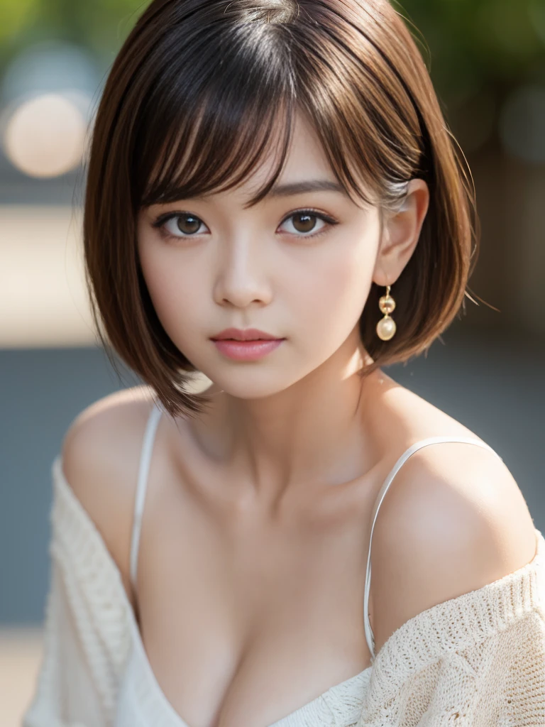 masterpiece，(Photorealistic:1.2)，(Highest quality:1.2)，Highest quality，(Ultra high definition:1.2)，RAW Photos，Tabletop，Very cute Japanese girl，Amazingly cute face，Detailed face，Detailed eyes，Beautiful Eyes，Long eyelashes，double eyelid，Perfect balance，Mid-chest，Cleavage，looking at the camera，Textured skin，Beautiful Skin，Earrings，Natural Lip，light makeup，Very Short Bob，cachecoeur knit