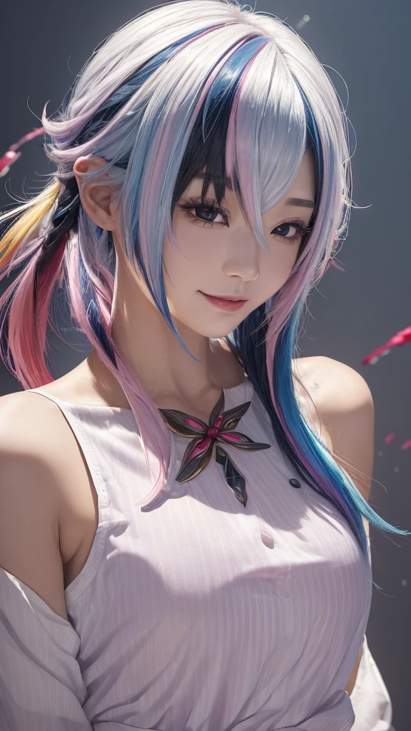 (Pink Fashion T-shirt:1.9),Clean background,White hair,Black Hair,rich and colorful Hair,short hair,Straight Hair,Long braids,发Light的红眼睛,Red X pupil,(Draw a:1.6),street、灯Light、Exquisite makeup、Residence、(Super big breasts)、Long eyelashes、Pink off-the-shoulder shirt、Pink Mini Skirt,Looking at the audience(laugh out loud),Big watery eyes,(Rainbow hair:1.6),色彩splash,(Solitary:1.8),色彩splash,Color Explosion,Rugged style,Messy lines,((shining)),(rich and colorful),(rich and colorful),(rich and colorful),rich and colorful,Strong painting style,(splash)(颜色splash),vertical,Upper Body,splash,acrylic paint,Highest image quality,best quality,masterpiece,Solitary,Depth of Field,Draw a face,rich and colorful的衣服,Splendid Scene,(((masterpiece)),(((best quality)) ),((Extremely detailed)),(Light),(Dynamic Angle),((floating)),((Messy hair)),(one person),(1 girl),(((Delicate face Beautiful delicate face)) ,collar,b Shoulder,((rich and colorful的头发)),((Striped hair)),beautiful eyes,,(((rich and colorful的眼睛))),((((rich and colorful的背景)) ),(((High Saturation))),(((周围都是rich and colorful的水花))),Very happy smile((rich and colorful的头发)),((Striped hair)),beautiful eyes,,(((rich and colorful的眼睛))),(((rich and colorful的背景))),(((High Saturation))),(((被rich and colorful的水花包围))),Very happy smile((rich and colorful的头发)),((Striped hair)),beautiful eyes,(((rich and colorful的眼睛))),(((rich and colorful的背景))),(((High Saturation))),(((被rich and colorful的水花包围))),Very happy smile,Above the waist