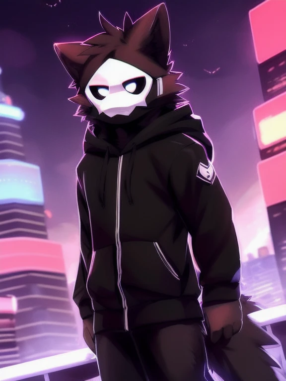 by zackary911, (coffeesoda:1.1), hioshiru, zackary911, puro, buff anthro, buff male, solo, (((full body))) clothing, fur, 2022, black clothing, hoodie, black topwear, lidded eyes, black hoodie, cyberpunk city background, 