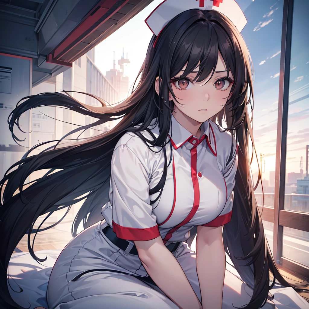 One person, High resolution, Gaze, smile, masterpiece, accurate, Highest quality, High-resolution model, High detail, Very detailed, Textured skin, Ultra high definition, Large Breasts, Shortcuts,nurse、nurse、Nurse uniform、Long Hair, Black Hair, 