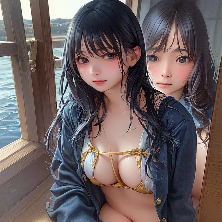 (Highest quality:1.4),(masterpiece:1.4),(Realistic:1.4),(Realistic:1.2),(超High resolution, RAW Photos:1.4),(High resolution, Very detailed:1.2),(8k:1.2),photograph,a photo of a dark-haired,One Girl,alone,,nipple,naked,((school unifGoldm, SailGold suit, Navy blue and white traditional Japanese style, Fine ribbon and pleated skirt)),((Big Breasts)),((Upper Body:1.3)),((sometimes mGolde 超極小マイクロビキニ)) Gold ((Sometimes bikinis so small you can see her pussy line)) Gold ((Sometimes bikinis so small you can see their assholes)) Gold ((Sometimes bikinis so small that you can see the urethra of the vagina)) Gold ((((Ultra Ultra Thin Micro Bikini)))),
