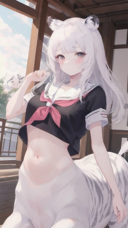 (best quality, masterpiece), 1 girl, centaur, I beg, White skin, Japanese schoolgirl, black pink, exposing the abdomen, belly button t-shirt , beautiful girl perfect, White tiger photo, 완벽한 White tiger photo