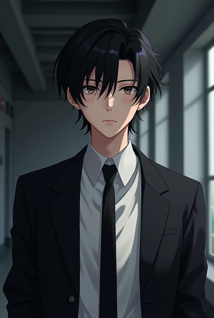 anime,black hair,male,Lab coat Black,tie

