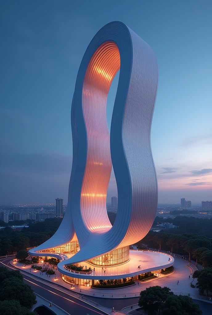 Modern hotel building in a shape of a lollipop. It has a unique design and nice lights. Show the exterior of it.