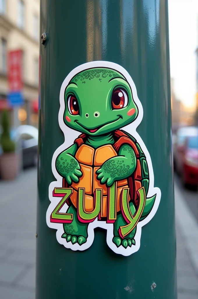 I need a sticker to stick on the streets with the image of a turtle and that says Zuly