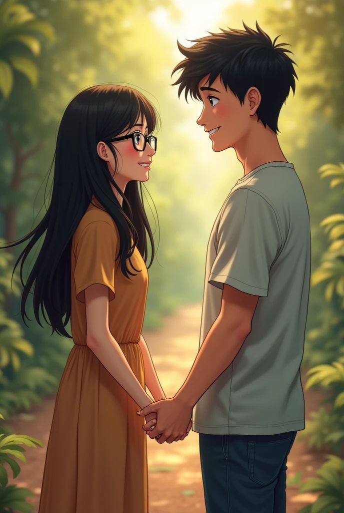 Generate a portrait-style image of a couple holding hands showing the girl's characteristics as a veterinarian with long straight black hair and black-framed glasses., smiling, Likewise, the boy with short black wavy hair who is a psychologist holding her hand in a quiet place and enjoying nature or it could be on a trip where he shows their initials of each one. of the initial girl P and the initial boy F
