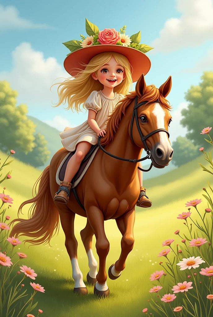 drawing of a three-year-old blonde with brown eyes riding a horse with a flowery hat