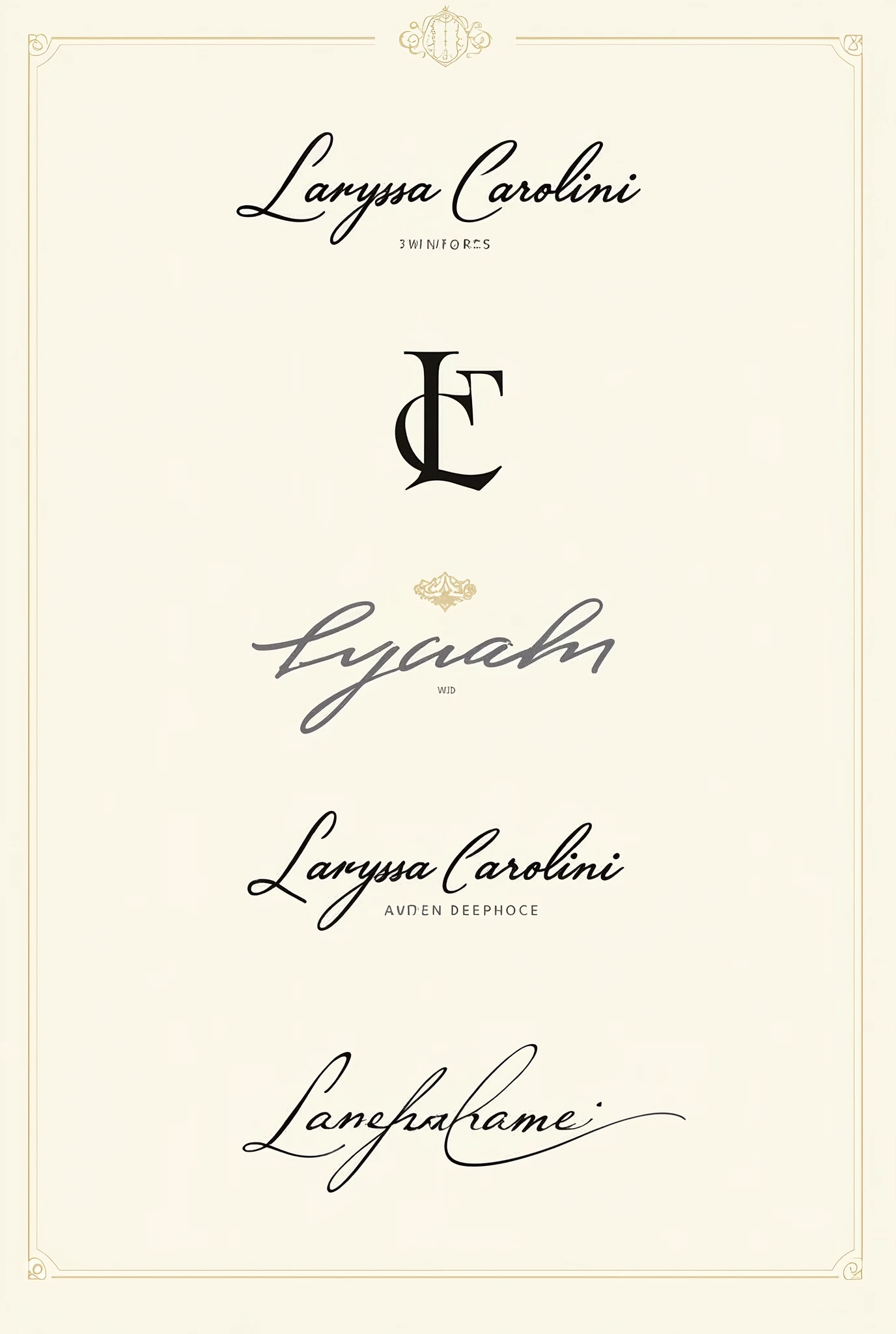 create multiple signatures for me, my name is Laryssa Carolini, YOU CAN PUT A CROSS, it can be just the initials too.