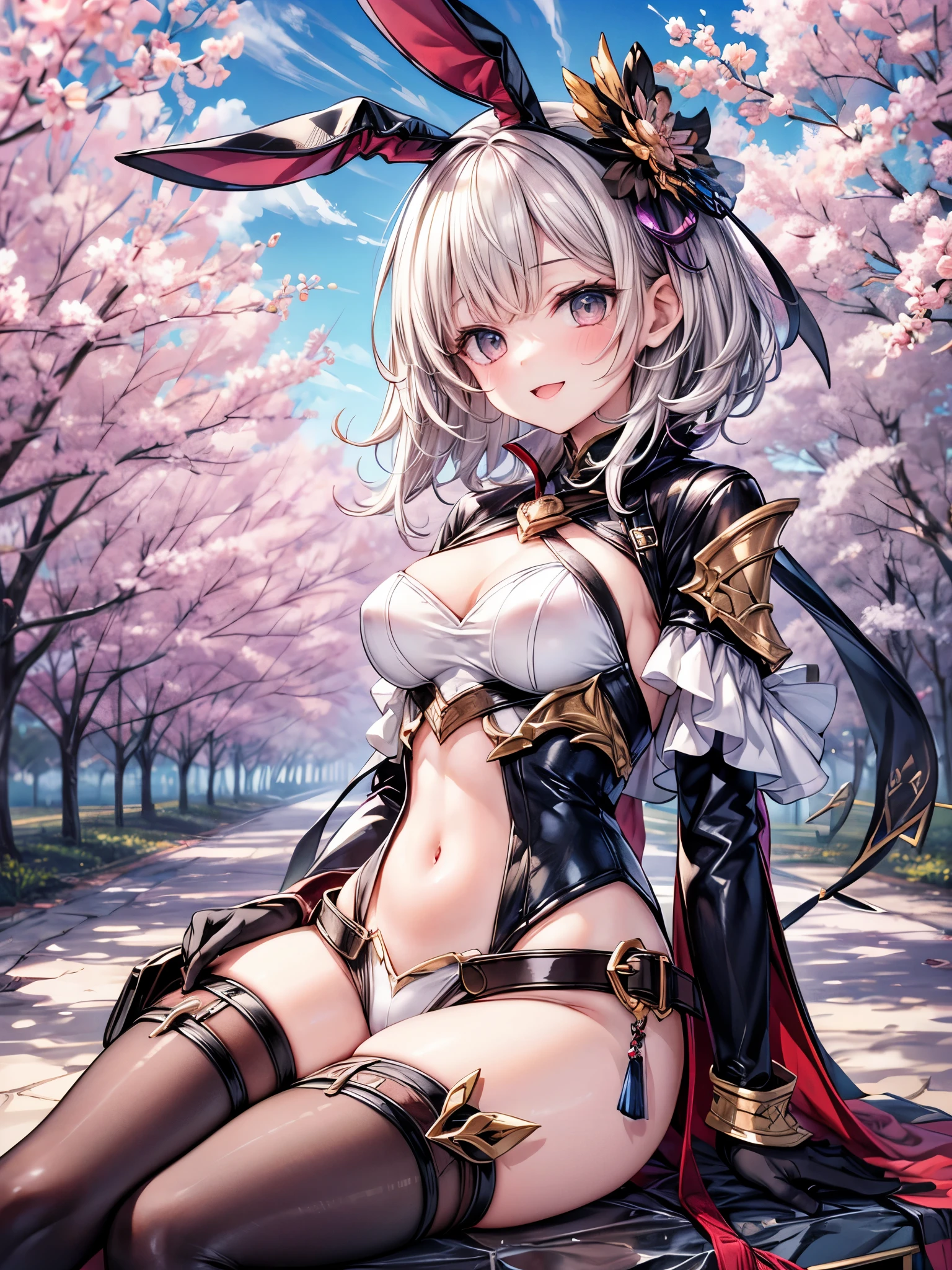 GRANBLUEfantasy,ung_teeirl,brown_hair,medium_bob_hair,platina_blond_hair,white_leotard,covered_crotch,thigh-highs,smile,standing,bluesky_landscape_background,slightly_spread_legs,happiness, short_gloves ,solo, r18, navel,relicbuster,short,boots,open_mouth,sitting,knees,blush,shy,bunny_ears