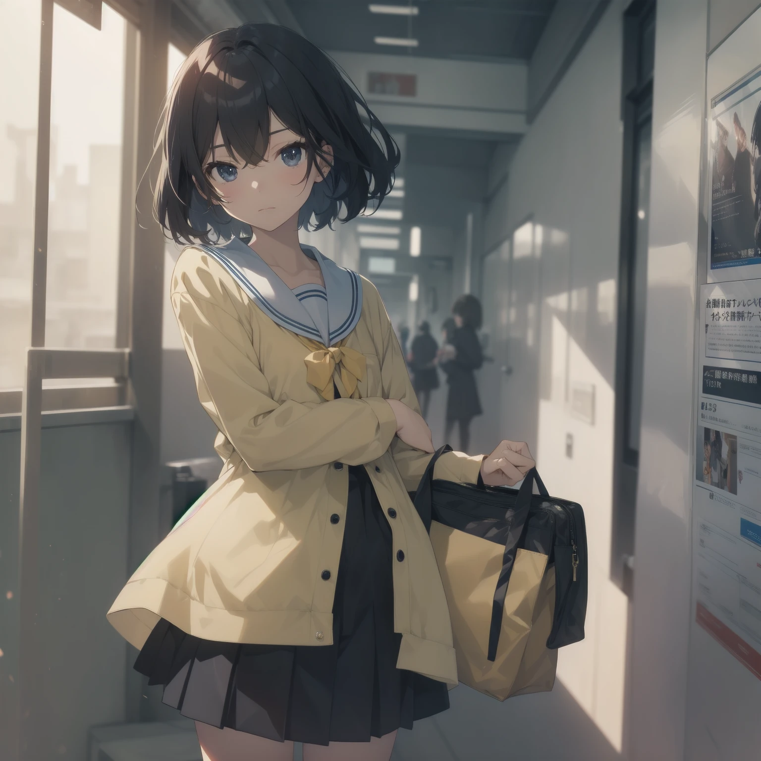ultra-absurdres-Top quality by artist God, ultra-detailed, high resolution, anime moe artstyle, best anime 8k konachan wallpaper, pixiv contest winner, pool:2810, perfect anatomy,break, 1girl, (Please draw a girl walking sleepily to school alone. )break,(Solo,little female, -yeld:1.Full limbs, complete fingers,a junior hihort hair), short cut, flat chest, , small butt, small black eyes, beautiful detailed eyes, well-proportioned iris and pupils, expressive eyes, highres detailed hair, soft expression, salor school_uniform, sailor collar, serahuku, bow, pleated skirt,(Detailed Lighting), (Detailed background), in the School commute route. break,super detailed skin, Best cinematic lighting powered by famous artist, 8k,beauty illustration,photoshop_(medium),very aesthetic,break,((artist:shimazaki_mujirushi )), artist:clamp ,artist:carnelian ,artist:kantoku ,