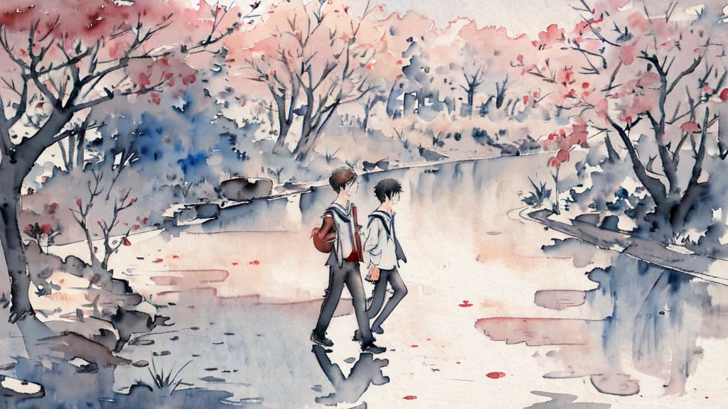 (watercolor:1.2), watercolor, High school boys, 2 people, On the way to school, Walking、profile,、Painting \(Moderate\),mechanical、neighbor.、friend、OK、friend、A good friend、Fun conversation