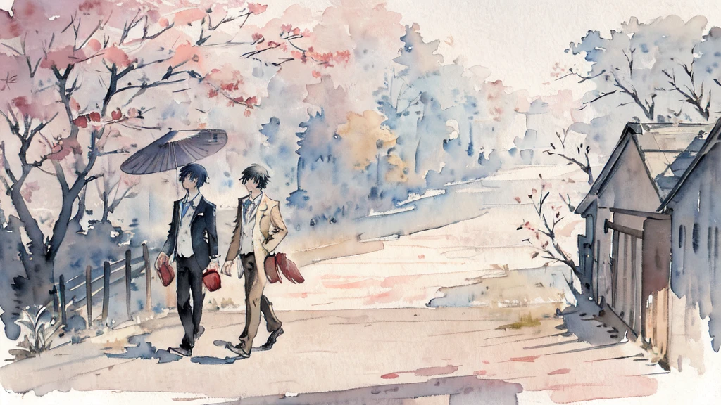 (watercolor:1.2), watercolor, High school boys, 2 people, On the way to school, Walking、profile,、Painting \(Moderate\),mechanical、neighbor.、friend、OK、friend、A good friend、Fun conversation