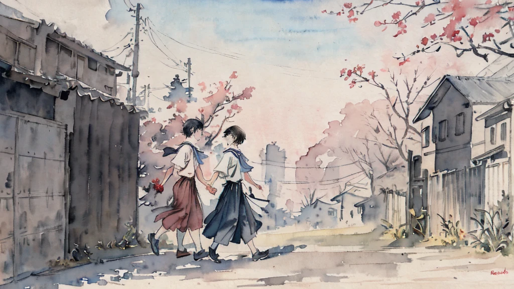 (watercolor:1.2), watercolor, High school boys, 2 people, On the way to school, Walking、profile,、Painting \(Moderate\),mechanical、neighbor.、friend、OK、friend、A good friend、Fun conversation
