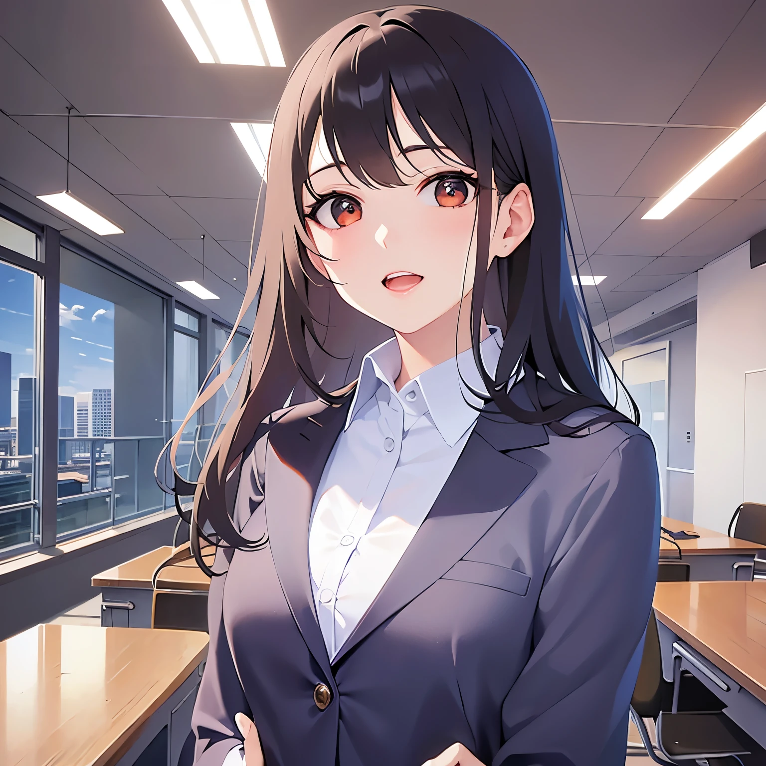（looking at viewer:1.5）Upper Body, head tilt,
Realistic, real person, (pale skin: 1.2), RAW photo, photorealistic, shiny skin, shiny hair、(A 25-year-old woman with medium-length hair and bangs) and (wavy hair) and (brown hair) and (orange eyes) ,
(Wearing a business suit:1.5) and (Wearing a white collared shirt)、
smile,open mouth,The background is the conference room、(alone:1.5)