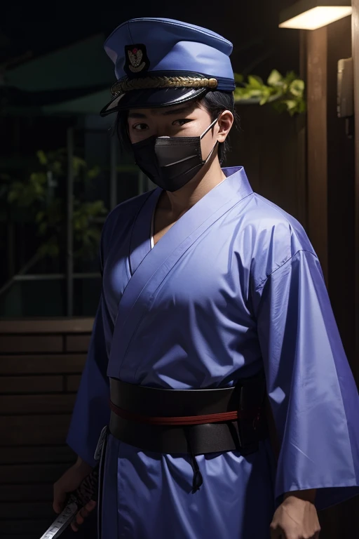 yukata,fullfacemask,mascared,military cap,holding sword