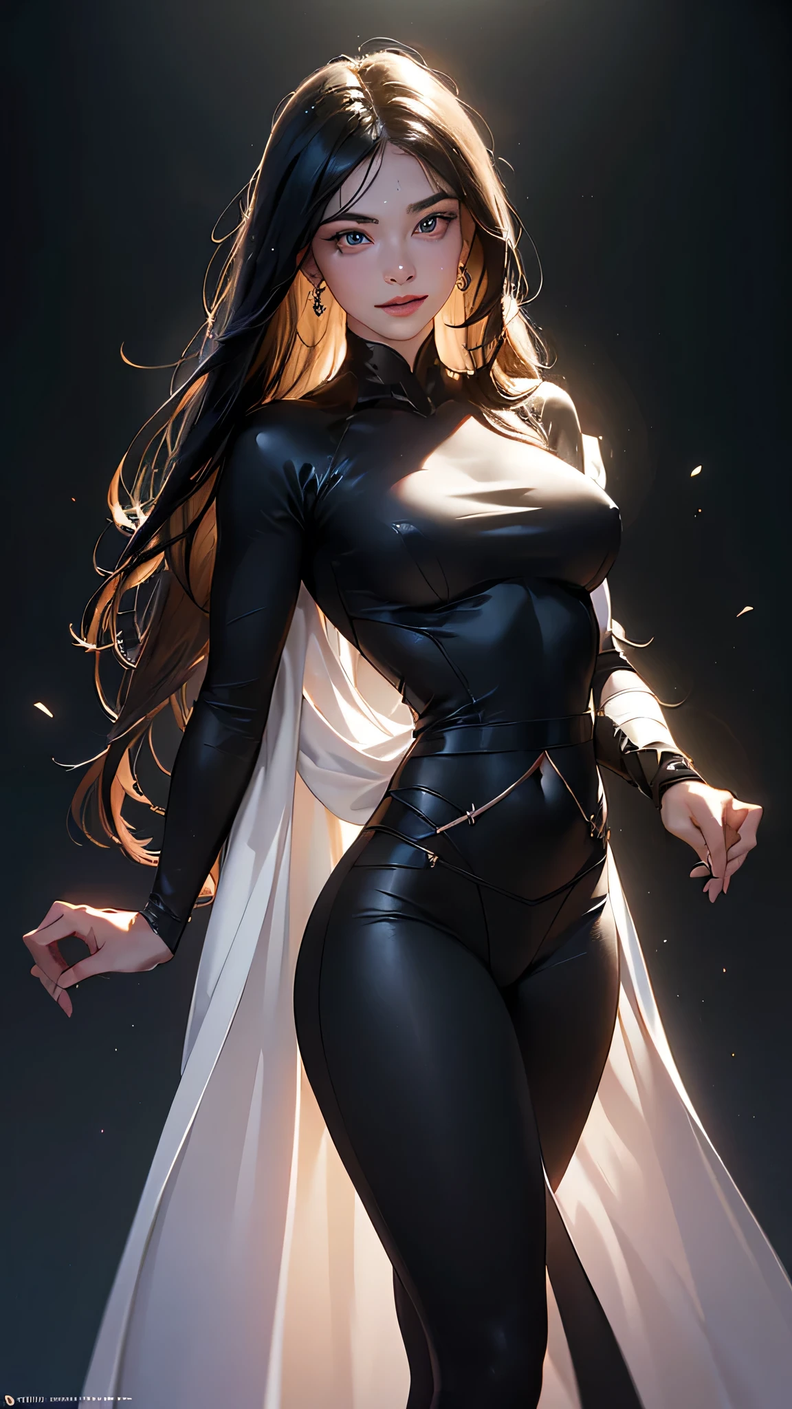 black hair, long hair, front view detailed body, long belly , Slender body, tight body , thicc, large breast , long thighs, masterpiece,best quality, official art, extremely detailed CG unity 8k wallpaper, ((top quality, 8k, masterpiece: 1.3, ultra hd, high quality, best quality, high definition, ((realism)), sharp focus: 1.5,(Very detailed CG unity 8K wallpaper), Dark Cinematic Lighting, cinematic lighting, sooahdef \(Secret Class\), large breasts, fair skin,sweaty body, sweaty face, seductive smile, earrings, Looking at the viewer, embarrassed, shy,