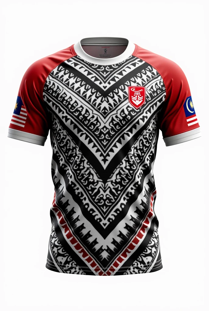 Create rugby jersey maori tribe full pattern white black and red retro round neck collar white background two side Malaysia flag on left sleeve