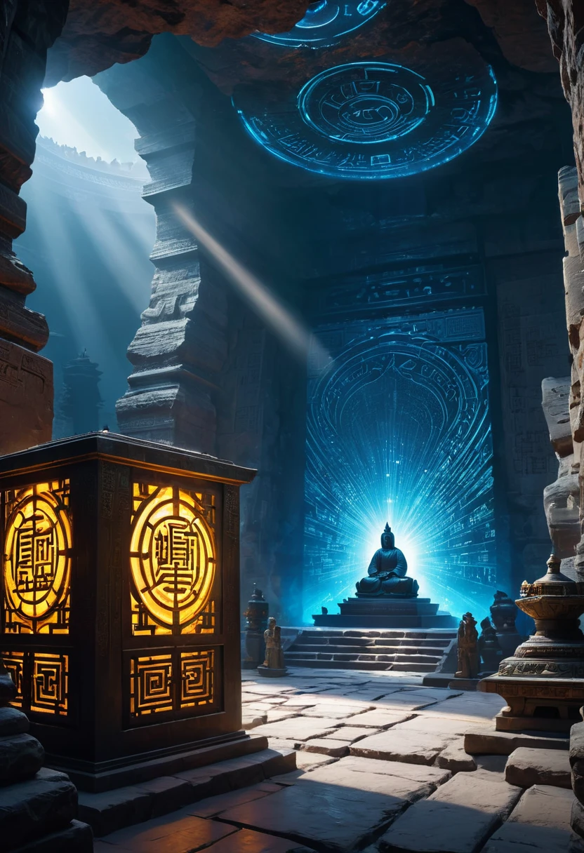 A fantastic underground cave, Alien civilization ruins, mysterious tomb, Metal coffin, A treasure, Sparkling gold coins, Terracotta Warriors, Antiquities, Cultural Relics, alien hieroglyphics, future technology, 诡异的magic力量, unknown cosmic energy, eye of control, Scan grid, epic, grand, Octane Rendering, Enhancement, complex, ((dark)),epic,8K,peculiar,Extremely detailed,magic, Casting a Spell,Black Hole,threaten,Absurd answer,abyssal,magic Circle,Excess energy,change,abyssaltech,dark energy,Ethereal,dissolution,transparent,abyss,Anti-Technology,change,Pure Energy, (masterpiece, flagship artwork, Official Art, professional, Unity 8k wallpaper:1.3), Extremely detailed, (Practical, photoPractical, photo-Practical:1.37), HDR, Ultra HD, Studio Lighting, Super Fine, Clear focus, Physically Based Rendering, professional, Bright colors, Bokeh.