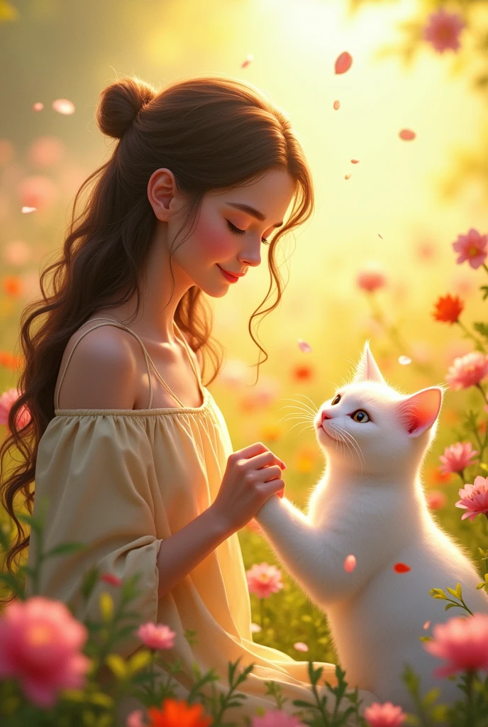 Beautiful girl touching a white cat's paw、Beautiful flower field、Beautiful sunshine、smile、Flying petals、A beautiful girl surrounded by many cats、Everyone is happy