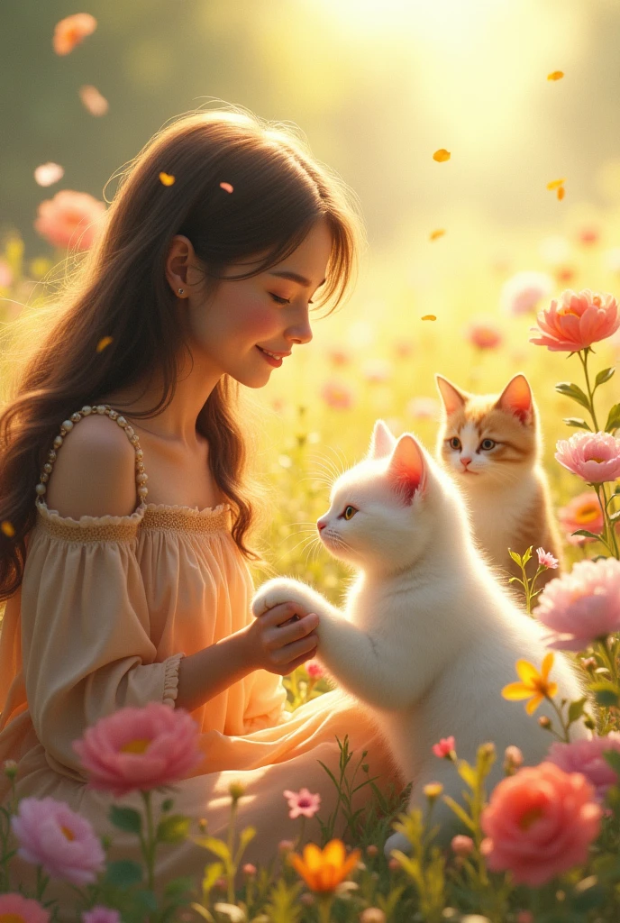 Beautiful girl touching a white cat's paw、Beautiful flower field、Beautiful sunshine、smile、Flying petals、A beautiful girl surrounded by many cats、Everyone is happy