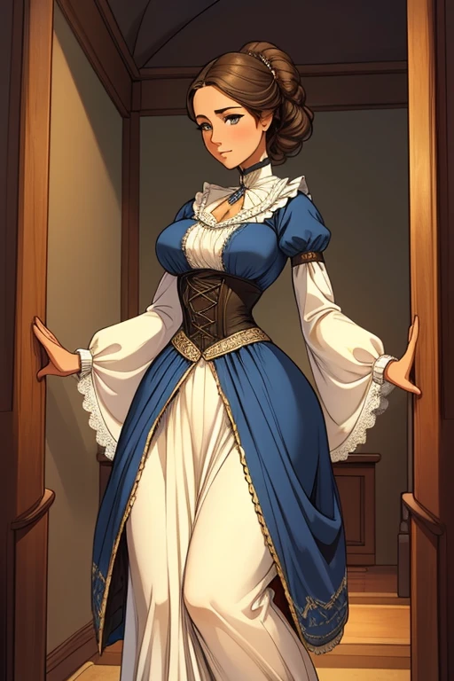 A beautiful Aristacrat woman with soft facial features who embodies old fashioned class, sophistication, elgance as well as wholesome, natural beauty. curvy, thin-waist, wide-hips, swaying-hips. Oppulent historically accurate victorian dress.
