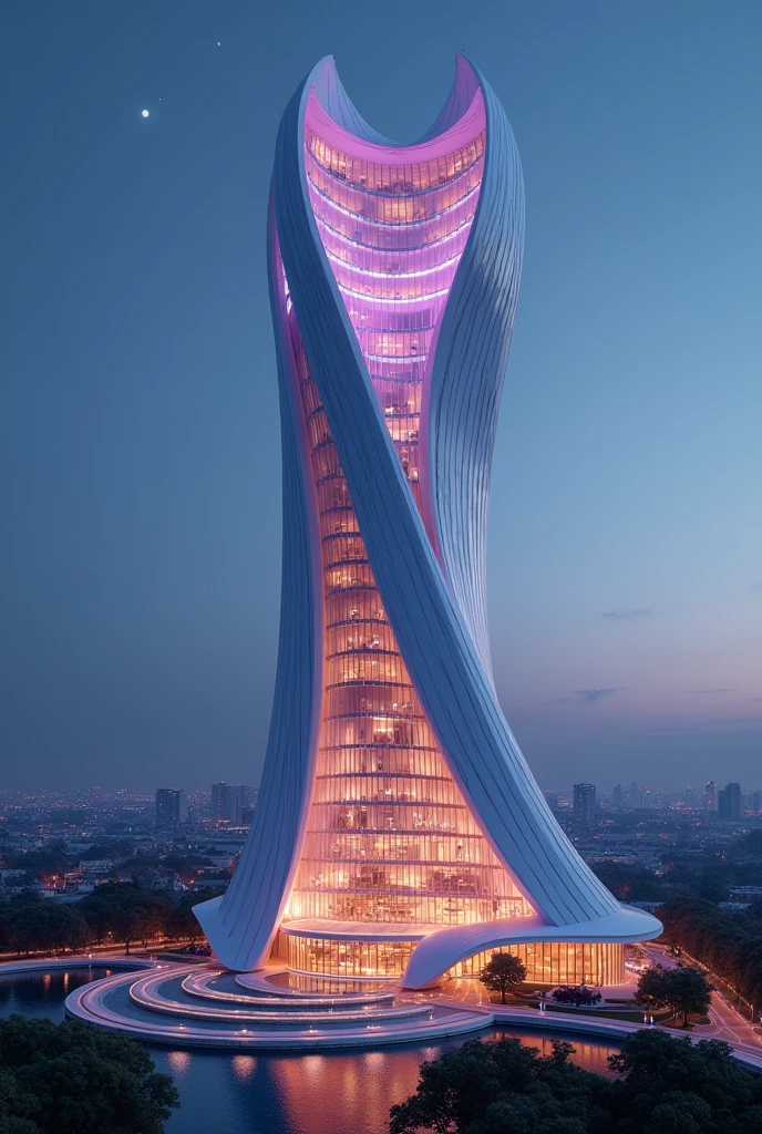 Modern hotel building in a shape of a lollipop. It has a unique design and nice lights. Show the exterior of it.