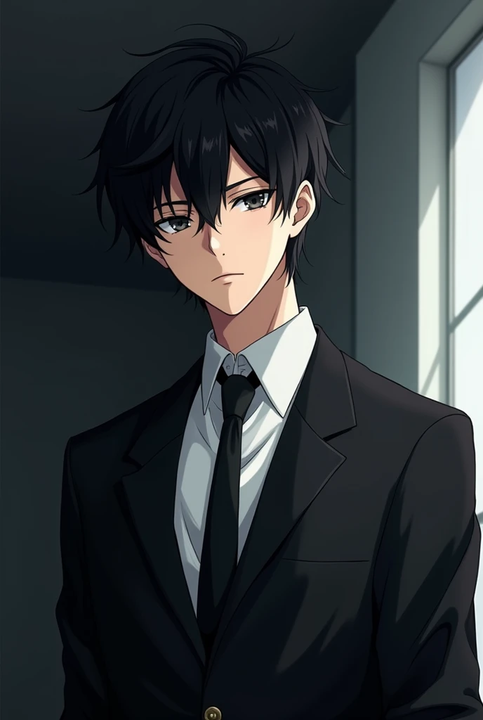 anime,black hair,male,Lab coat Black,tie