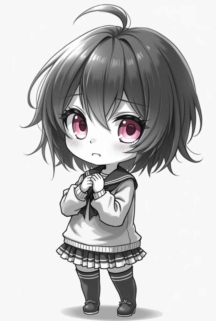 chibi, monochrome pencil drawing, self-portrait, cute girl, shy, pixie cut, pink eyes, (attractive and seductive) and (amorous and lewd) expression, shading, shadows, contrast, conceptual installation art, 2.5D, delicate and dynamic effects, iridescent effects, artistic, hyper, graphic CG digital art, (anime, manga, cartoon, illustration)-style