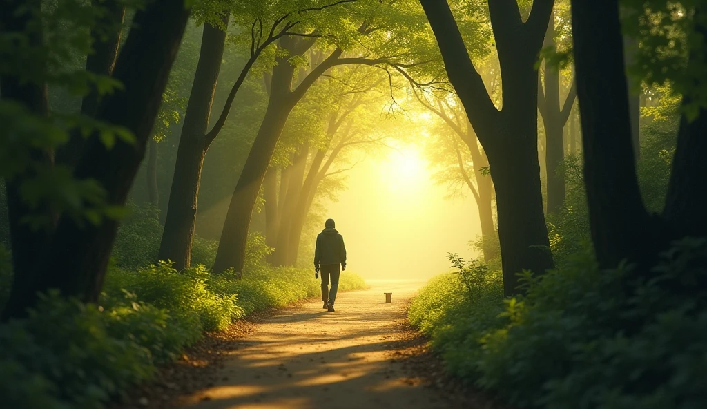 Create an image representing the concept of perseverance. The scene features a serene pathway winding through a dense, green forest. The pathway is lined with tall, ancient trees that arch over, creating a natural tunnel. Along the path, small milestones or markers appear at regular intervals, symbolizing progress and continuous effort. The lighting is warm and golden, as the sun filters through the leaves, casting long shadows. A person is walking steadily along the path, their figure slightly blurred to emphasize motion, with their expression intentionally left vague and indistinct. In the distance, the path continues toward a bright, open horizon, suggesting endless possibilities and the promise of achievement.