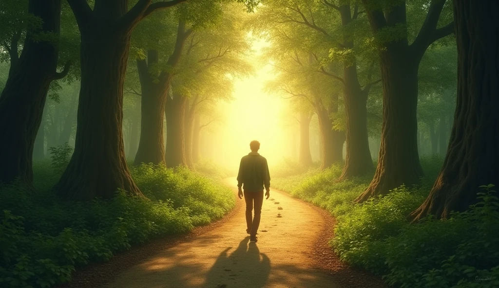 Create an image representing the concept of perseverance. The scene features a serene pathway winding through a dense, green forest. The pathway is lined with tall, ancient trees that arch over, creating a natural tunnel. Along the path, small milestones or markers appear at regular intervals, symbolizing progress and continuous effort. The lighting is warm and golden, as the sun filters through the leaves, casting long shadows. A person is walking steadily along the path, their figure slightly blurred to emphasize motion, with their expression intentionally left vague and indistinct. In the distance, the path continues toward a bright, open horizon, suggesting endless possibilities and the promise of achievement.