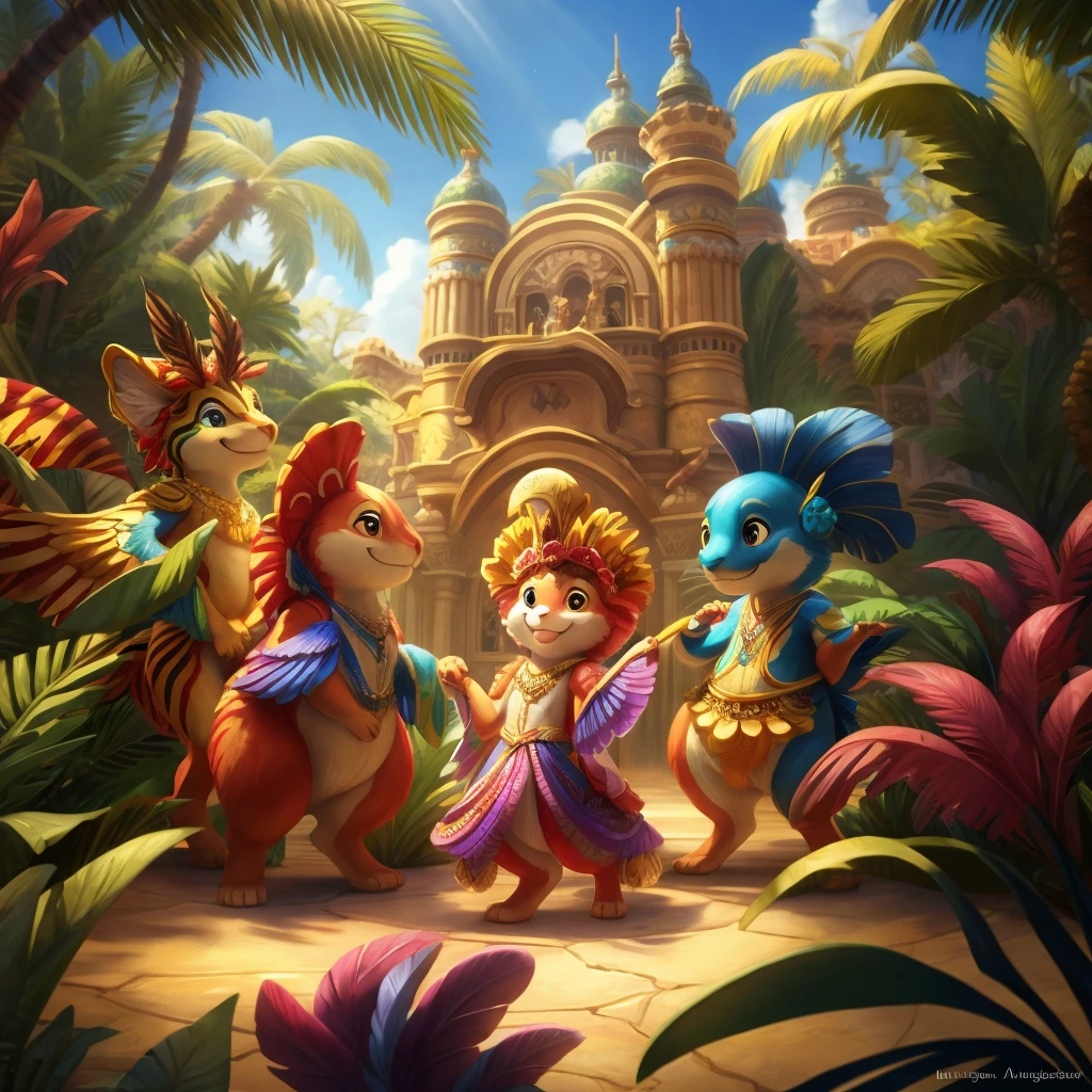 Group of sweet tropical animals playing togetherMasterpiece, Smile, Cinematic Lighting, Depth Of Field, Rococo Style,