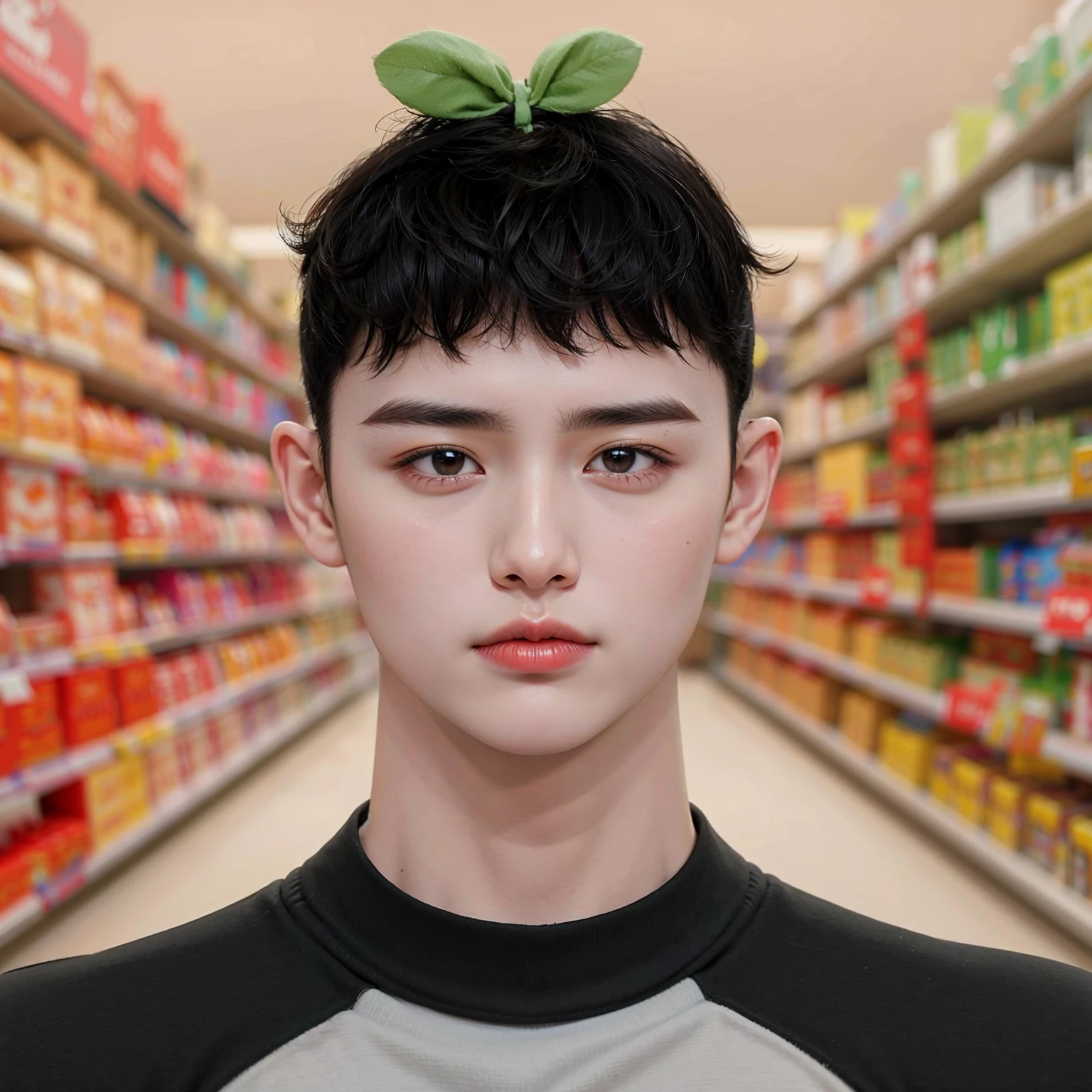 8k resolution, thick brows, pores, realistic, glossy skin, no lashes, high quality, high display, Korean Boy, smooth hair, grocery