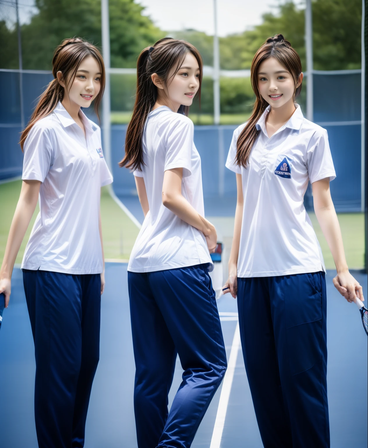 3 girls play tennis at tennis courts, Navy blue short-sleeved shirt,Navy Long Trackpant,Sweatpants, Sweatpantsขายาว,25 year old girl, lesbian, sexy, exercise clothes, wet body, exercise clothes
