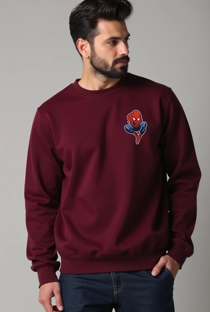 A wine-colored sweatshirt with a small Spider-Man on the chest