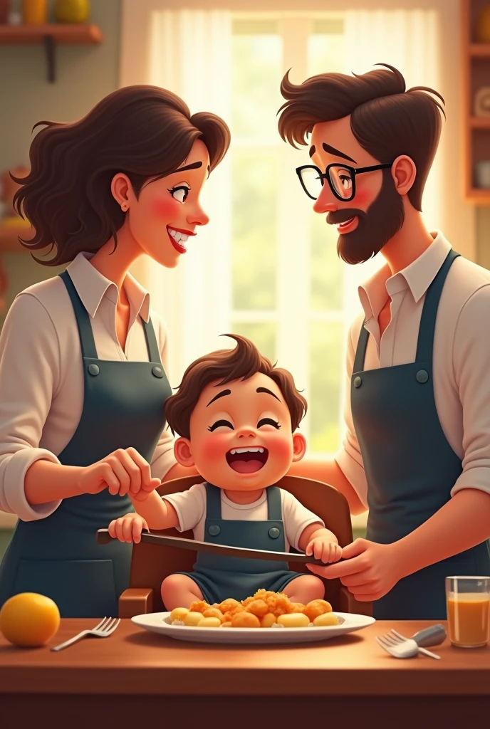 animated mom with a dark brown wavy hair and dad with glasses, both wearing a white shirt and a dark blue apron preparing a breakfast while the  is sitting on a brown high chair, giggling and drooling