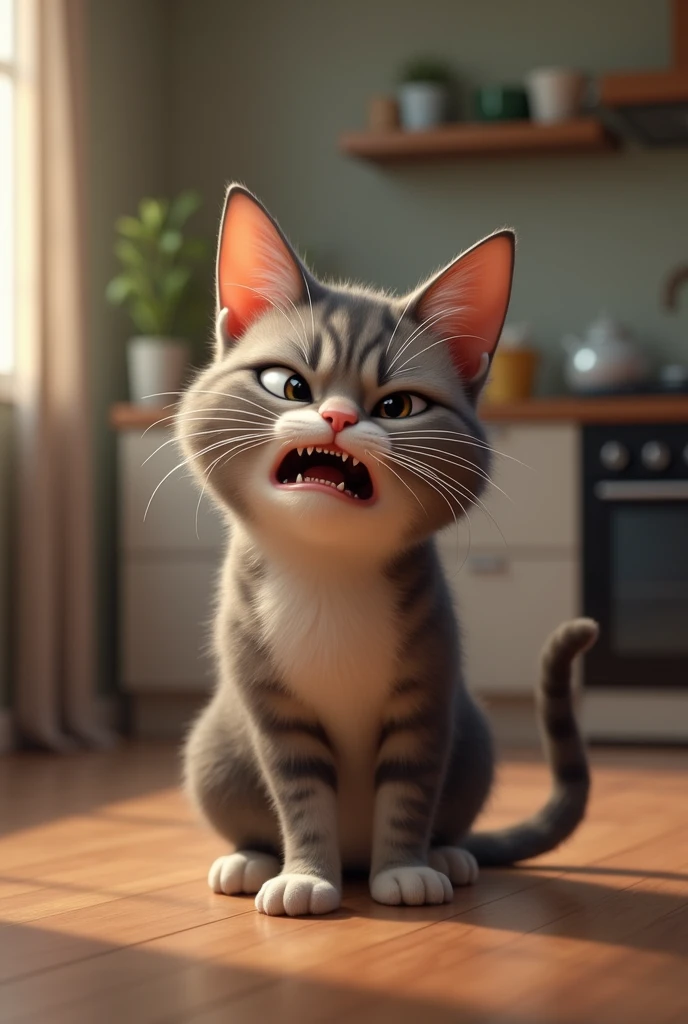 generate an image of a cat making a disgusted face after smelling an object