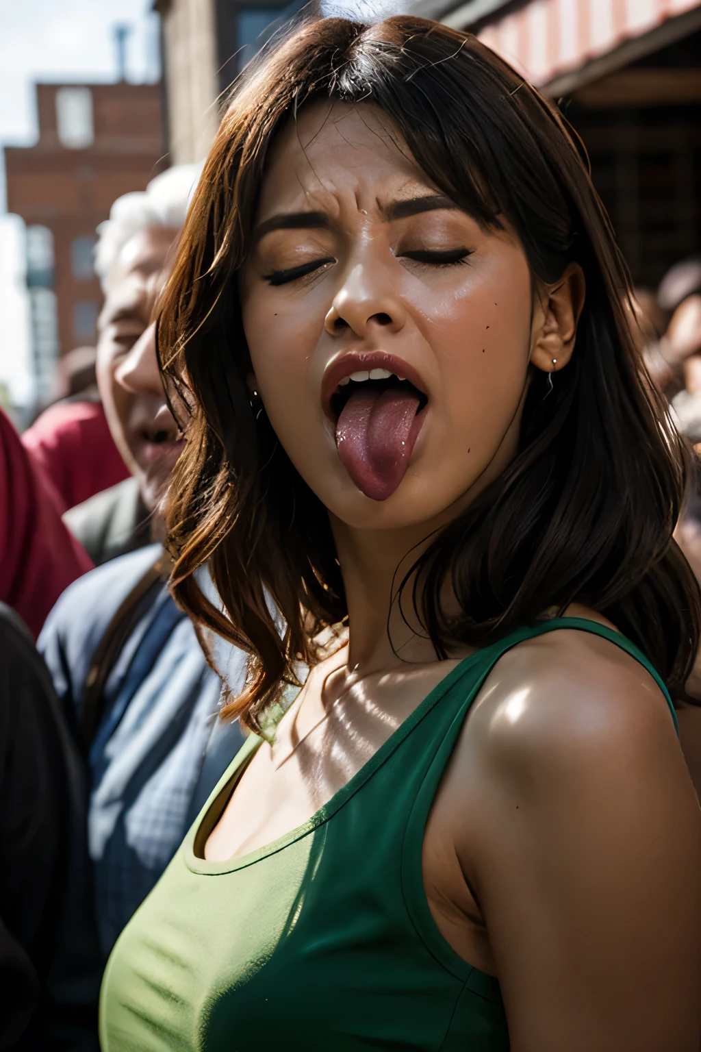 Flying debris,Award-winning photo, Very detailed, Edge Orgasm, Woman with open mouth and closed eyes , Sweaty skin、Lighting that highlights shiny sweat{{{Spread the word }}}, Black Hair、Browsing Caution,{{{{Crowd of elderly male spectators,Surrounded by men,}}}},(length, Narrow nostrils)、Raise your arms behind your head,