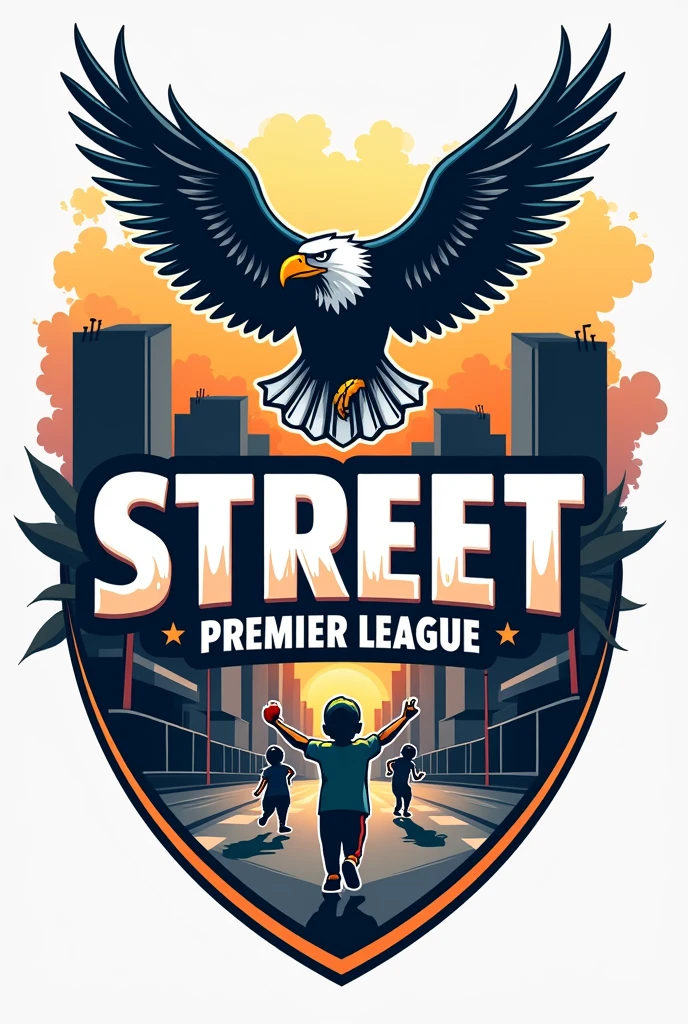Create a logo with open wing eagle and PUT name STREET PREMIER LEAGUE AND ADD CHILDREN PLAYING CRICKET ON STREET