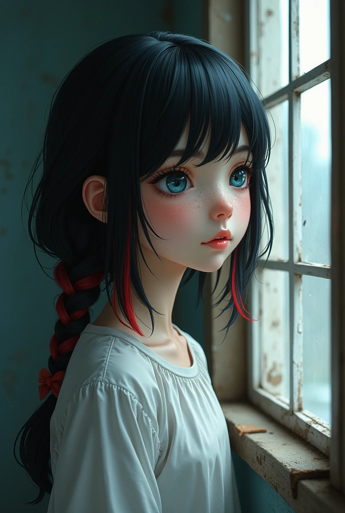 pretty teenager, blue colored eyes, freckles, black hair with red highlights, white  clothes, looking out the window of an orphanage 