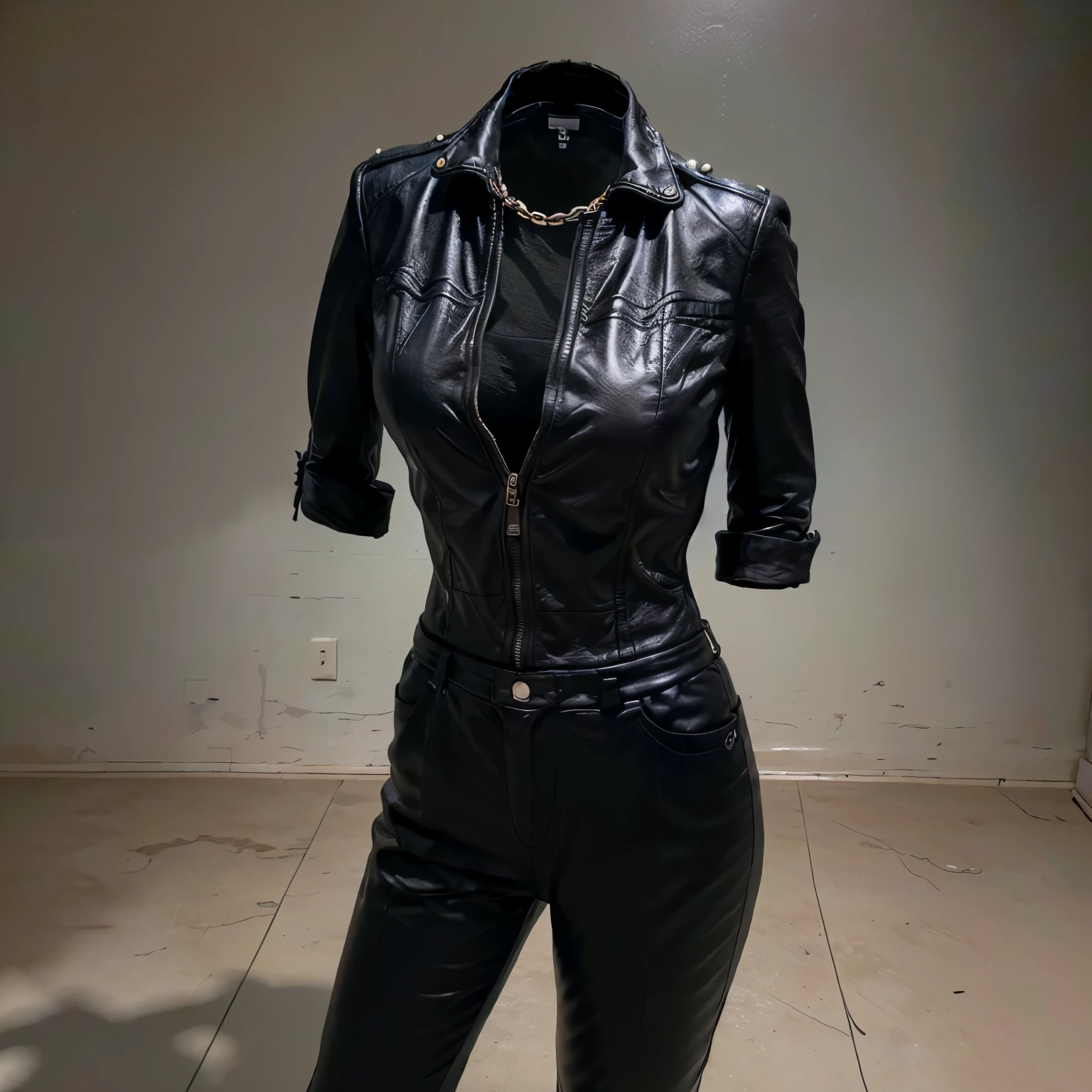 (invisible, no humans, headless, handless, legless:1.5), (cute big breast), Dark aesthetic, Jumpsuits and ties, Black leather pants, There are many chains and black leather jackets around the body,
(8k, RAW photo, best quality, masterpiece:1.2), (realistic, photo-realistic:1.37),photon mapping, radiosity, ((Hasselblad photography)),physically-based rendering