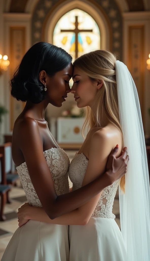 Wedding ceremony, wedding chapel, two women in wedding dresses kissing, A woman with dark skin and short black hair and a woman with long straight blonde hair,Close-up of two women