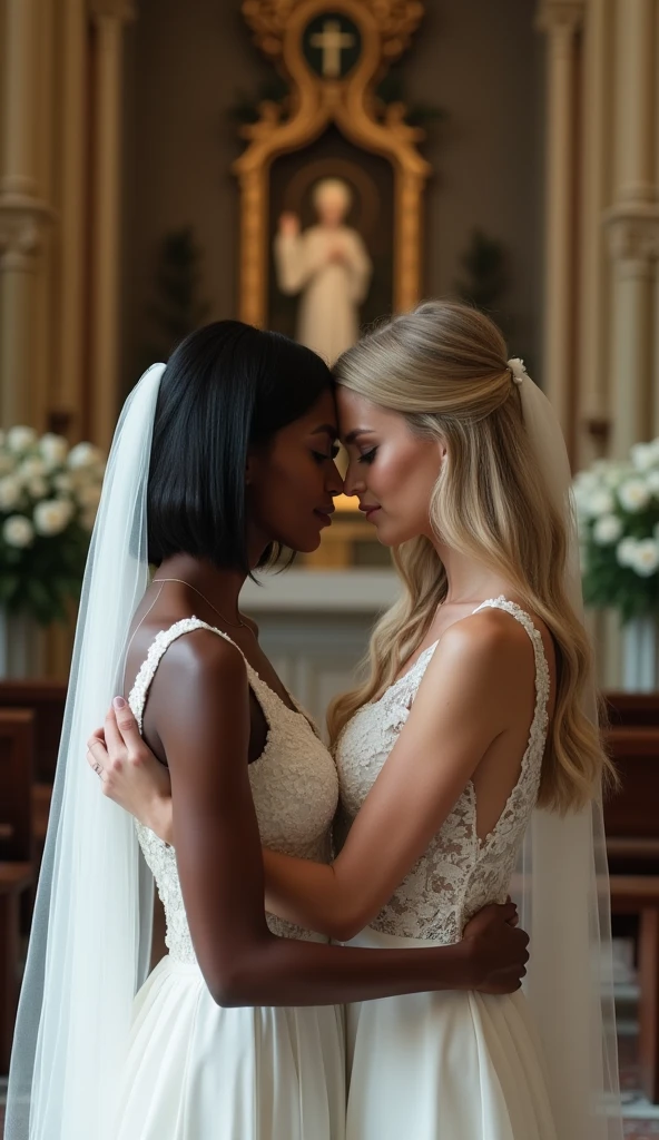 Wedding ceremony, wedding chapel, two women in wedding dresses kissing, A woman with dark skin and short black hair and a woman with long straight blonde hair,Close-up of two women