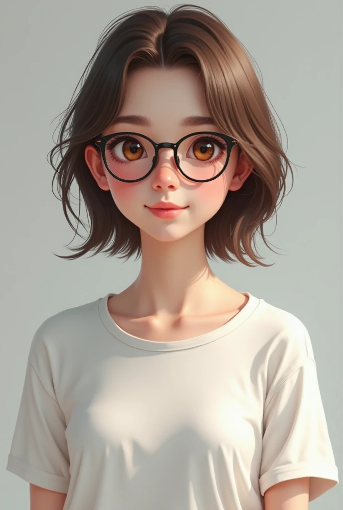 Extremely realistic Russian girl with brown short hair and brown eyes, wearing a loose white t-shirt, entire upper body, not portrait, wear glasses 