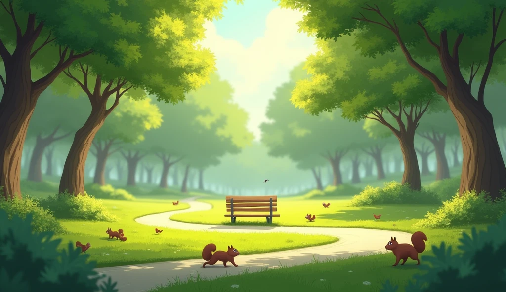 A big Green park with no loving creature other than cute squirrels, many walnut trees, A Way in the middle. In the middle clean fresh grassy area there is a lone bench wet and occupied by moss. Morning dews. Realistic. a Ray Of Sunlight passing through trees and reflecting the bench. Some Little birds on trees. purely calm realistic environment.