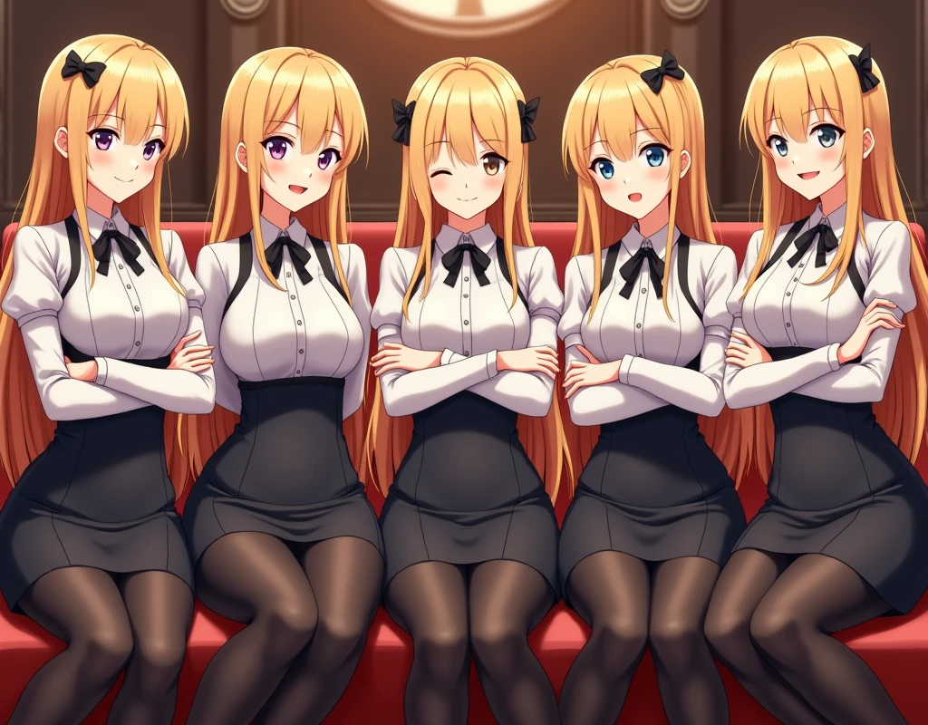 (best quality, masterpiece:1.5), (ultra-detailed, realistic:1.37),4K,(5girls:1.5),japanese,cute,beautiful,(suits:1.3),(hotel staff),(black pantyhose:1.2),gold hair,smile,sitting,arms crossed,,perfect hands,perfect fingers,perfect legs
